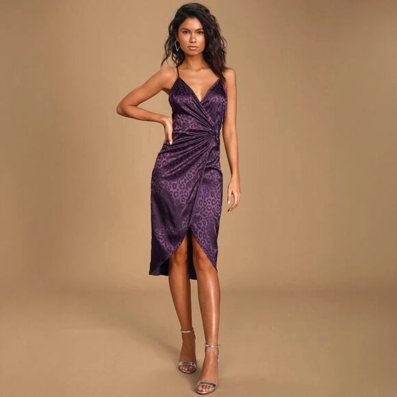 A041 ✽ Purple Leopard Satin Midi Dress - Picture 1 of 7